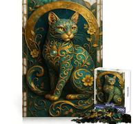 Ornate Teal And Gold Cat Portrait Jigsaw Puzzles for Adults1000 Pieces Recall Upgrade Peaceful Time Tight Cut Santa Wish List (50x75cm)