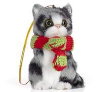 Ornativity Christmas Mini Cat Ornament - Furry Grey Kitten with Scarf Holiday Tree Hanging Decoration
