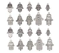 Ornazy 100 pcs 10 Styles Tibetan Hamsa Hand Charms Antique Sliver Jewish Charms Vintage Hand of Fatima Charms for Jewellery Making Bracelets Bulk