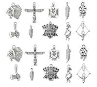 Ornazy 100 pcs 10 Styles Tibetan Indian Charms Antique Silver Indian Chief Charms Vintage Feather Thunderbird Axe Charms for Bracelet Jewellery Making