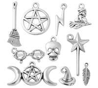 Ornazy 100 pcs 10 Styles Tibetan Magic Theme Charms Antique Silver Feather Star Witch Hat Charms for DIY Jewellery Making Necklace Bracelet