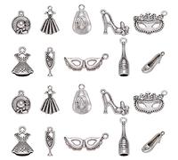 Ornazy 100 pcs 10 Styles Tibetan Mardi Gras Charms Antique Silver Masquerade Mask Charms Vintage Wine Bottle Dress Hat Charms for Jewellery Making DIY