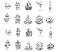 Ornazy 100 pcs 10 Styles Tibetan Silver Food Theme Charms Pizza Cake Coffee Cup Fries Charms for DIY Necklace Earring Bracelet Jewellery Making