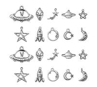 Ornazy 100 pcs 10 Styles Tibetan Space Charms Antique Silver Moon Star Spaceship Alient Charms Vintage Universe Charms for Jewellery Making Bracelets