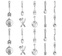 Ornazy 100 pcs 10 Styles Tibetan Tableware Theme Charms Antique Silver Spoon Knife Fork Charms for Necklace Bracelet Jewellery Making DIY