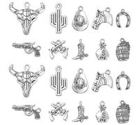 Ornazy 100 pcs 10 Styles Tibetan Western Cowboy Charms Antique Silver Cowboy Hat Boot Horseshoe Cactus Charms for Necklace Bracelet Jewellery Making