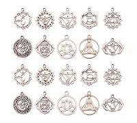 Ornazy 100 pcs 10 Styles Tibetan Yoga Lotus Flower Charms Antique Silver Flat Round Filigree Charms Pendants for Jewellery Making Crafting Findings