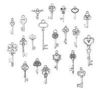Ornazy 100 pcs Mixed Styles Tibetan Skeleton Key Charms Antique Silver Heart Flower Key Charms for Pendant DIY Jewelry Making Wedding Party Favors