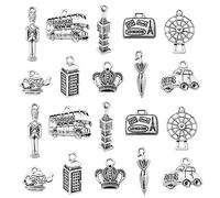 Ornazy 100pcs 10 Styles Tibetan London Charms Antique Silver Crown Umbrella Windmill Big Ben Travel Charms for Jewellery Making