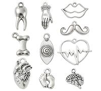 Ornazy 100pcs Tibetan Body Part Charms: Heart, Footprint, Lip, Brain & More - Antique Silver, Unisex, Jewellery Making