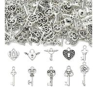 Ornazy 100Ppcs Mixed Styles Tibetan Heart Key Charms Antique Silver Skeleton Lock Key Charms for Jewellery Making DIY Craft