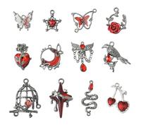 Ornazy 12Pcs Gothic Style Theme Pendants with Rhinestone Mixed Antique Silver Butterfly Heart Star Charms for Jewellery Making Craft Decor