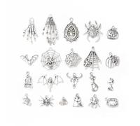 Ornazy 150Pcs Mixed Halloween Theme Tibetan Charms Vintage Antique Silver Spider Ghost Skeleton Charms for Jewelry Making Crafts