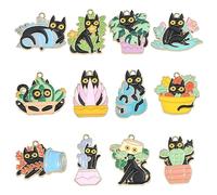 Ornazy 24Pcs 12 Styles Black Cat Charms Bulk Gold Cat Charm Alloy Enamel Plant Flower Mini Cute Cat Animal Halloween Charm for Jewelry Making Crafts Charms
