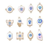 Ornazy 24Pcs Mixed Styles Blue Evil Eye Enamel Connector Charms Golden Rectangle Round Metal Alloy Charms Enamel Eye Hamsa Hand Charm Linker for DIY Jewelry Making