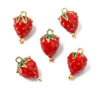 Ornazy 5Pcs Delicate Brass Strawberry Link Charms 3D Bright Enamel Fruit Connector Pendants for Jewelry Making Necklace Earrings Craft