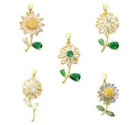 Ornazy 5Pcs Mixed Styles Brass Micro Pave Cubic Zirconia Flower Charms Sparkling Sunflower Daisy Ornaments for Jewelry DIY Making