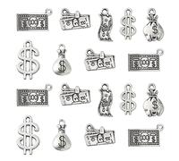 Ornazy 70pcs Tibetan Money Charms - 7 Styles, Antique Silver US Dollar Sign, Money Bag & Vintage Dollar Bill Charms for Jewellery Making Accessories
