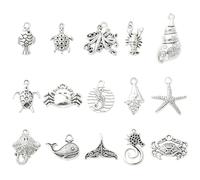Ornazy 75Pcs Tibetan Ocean Animals Charms Antique Silver Marine Life Shell Turtle Pendants Charms for Jewelry Making DIY Crafts