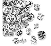 Ornazy 80 pcs 8 Styles Tibetan Spacer Beads Antique Silver Elephant Buddha Lotus Hamsa Hand Loose Beads Crafts for Bracelet Necklace Jewellery Making