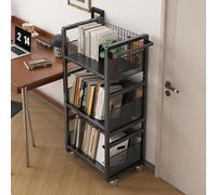 Ornestia Bookshelf with Wheels, Library Storage Cart with Handle,Single Sided L-Shaped Flat Storage Trolley, Rolling Movable Bookcase for Living Room Office and School, with 3 Magnetic bookends, Black