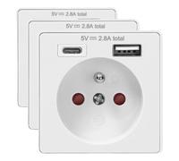ORNO AE-13232 White Recessed Power Socket USB-A + USB-C 5VDC / 2.8A 3680W Type 2P+E French 16A (Pack of 3)