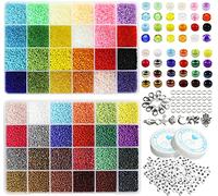 ORNSHIZI Size 2mm Seed Beads 48 Colors in Grid Storage Box Total About 36000pcs,12/0 Small Seed Beads with Rings,Claw Clasps,Elastic String and Alphabet Letter Beads for Bracelet Jewelry Making