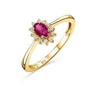 OROVI Jewellery for Women 0,07 Ct Diamond and Ruby Flower Engagement Ring in Yellow Gold with a Natural Gemstone/Birthstone oval red Ruby and 12 round brilliant cut diamonds Ring in 9K (375) Gold