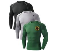 Orrfreer 3 Pack Men's Thermal Long Sleeve Top Fleece Lined Thermal Underwear Quick Dry Compression Base Layer for Football Running,Moisture Wicking Breathable Muscle Support Black/Grey/Dark Green L