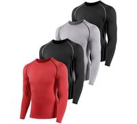 Orrfreer 4 Pack Boys' Long Sleeve Base Layer Top, Kids Compression Shirt Moisture-Wicking Athletic Sports Undershirt Quick Dry Breathable, Football Running Baselayer Tops Black/Grey/Black/Red XS