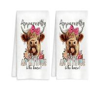 Orsefeliy 2Pcs Highland Cow Tea Towels, Attitude Cows Tea Towels for Kitchen, Absorbent Kitchen Towel for Dish Drying Cleaning, Soft Microfiber Hand Towel, Decorative Highland Cow Gifts