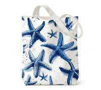 Orsefeliy Blue Starfish Canvas Tote Bag, Summer Coastal Shoulder Bag, Reusable Shopping Bags Foldable, Cute Tote Bags for School, Travel, Work and Beach