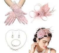 Orsefeliy Feather Mesh Fascinator Set for Women, Headband Fascinator Hat with Clip, Lace Gloves, White Pearl Necklace, Earrings & Bracelet, Pink Hair Accessory for Weddings, Races & Tea Party