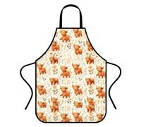 Orsefeliy Highland Cow Apron, Floral Kitchen Apron for Women, Adjustable Cooking Apron with Neck Strap, Highland Cow Gifts for Chefs Friends, Large Apron for Gardening, Restaurant, BBQ & Cafe