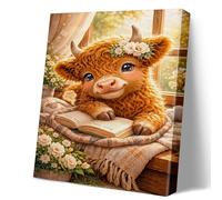 Orsefeliy Highland Cow Canvas Wall Art, Framed Highland Cow Pictures, Cute Baby Cattle Artwork, Rustic Cow Prints with Flowers, Farmhouse Wall Art for Hallway, Stairs, Living Room, Study, Bedroom