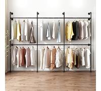 ORSENIGO Industrial Pipe Clothing Rack, Heavy Duty Metal Clothes Rack with Double Rods for Hanging Clothes, Wall Mount Space-Saving Garment Display Rack (Three, Black)