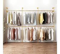 ORSENIGO Industrial Pipe Clothing Rack, Heavy Duty Metal Clothes Rack with Double Rods for Hanging Clothes, Wall Mount Space-Saving Garment Display Rack (Three, Gold)