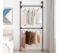 ORSENIGO Industrial Pipe Clothing Rack, Heavy Duty Metal Clothes Rack with Double Rods for Hanging Clothes, Wall Mount Space-Saving Garment Display Rack (Single, Black)