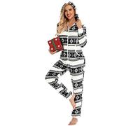 Orshoy Ladies Fleece All in One Piece Onesie Hooded Zip Up Pyjamas Jump Sleep Suit Xmas PJs Nightwear Winter Snowflake Black XL