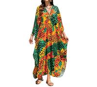 Orshoy Womens Long Kaftan Beach Dresses Maxi Kimono Tunic Boho Swimsuit Beachwear Bathing Suit Caftans Orange Green Leopard