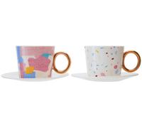 Orsina 2 Cups And Saucers Set,tea Cups With Multicoloured Patchy Design,bone China Coffee Cups With Fluted Saucers