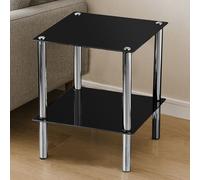 Orsina 2 Tier Black Glass End Table With Chrome Legs, Slim Side Table With Silver Accents, Luxe Night Side Table Orsina Black