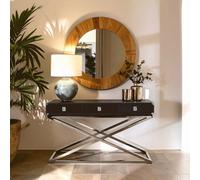 Orsina 3 Drawer Console Table, Textured Black Leather Finish, Stainless Steel Metallic Accentsconsole Table