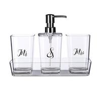 Orsina 3 Pc Bathroom Accessories Set With Matching Tray, Clear Bathroom Decor Set, Soap Dish, Tumbler, & Dispenser