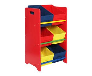 Orsina 3 Tier MDF Kids Storage Unit, Colorful Canvas Bins Toy Organiser & Storage, Three Tier Storage Unit in Red Orsina Red