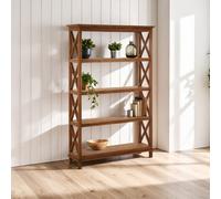 Orsina 4 Tier Shelf Unit For Living Room,solid Teak Wood Display Shelf With Criss-Cross Sides,modern Storage Shelf