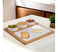 Premier Housewares 5 Pieces White Marble/Ceramic Serving Board Bamboo Wood Serving Tray With Marble Insert Three Ceramic Bowls Minimalistic Paddle Board 28 x 4 x 28