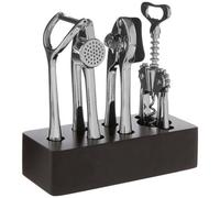 Orsina 5Pc Chrome Kitchen Set,luxe Kitchen Tool Set With Wooden Stand,corkscrew, Can Opener, Garlic Press, Peeler