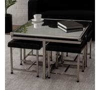 Orsina 5Pc Crocodile Leather Effect Table And Stool Set, Mirrored Glass Coffee Table With Stool, Large Coffee Table