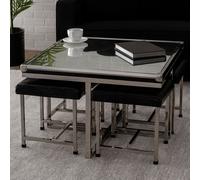 Orsina 5Pc Crocodile Leather Effect Table & Stool Set, Mirrored Glass Coffee Table with Stool, Large Coffee Table in Silver Orsina Silver